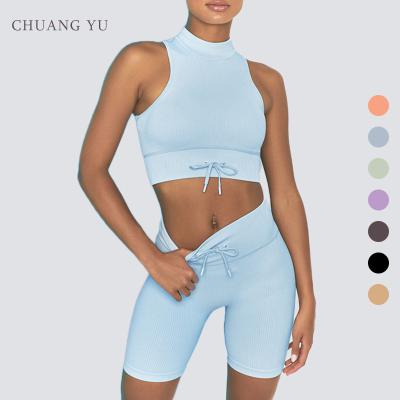 China Solid Color QUICK DRY Round Sleeveless Shorts Strap Neck Breathable Yoga Suit For Ladies for sale