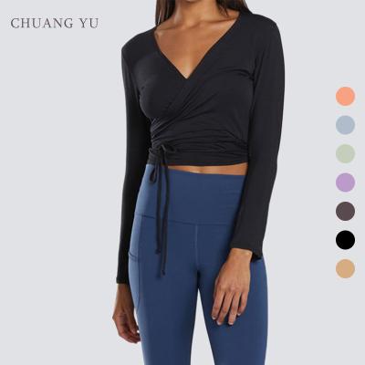 China Other stylish yoga top for fitness ladies with long sleeves and v-neck strap waist in sport for sale