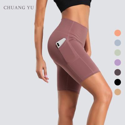 China CHUANGYU Anti-Wrinkle Yoga Shorts With Pockets High Waisted Biker Workout For Women Shorts Away Summer 2022 for sale