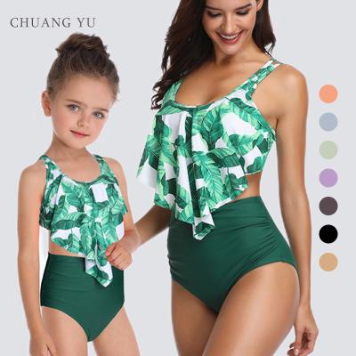 China 2022 breathable new design family swimwear floral print lace up halter top 2 piece bikini set for mom and daughter for sale