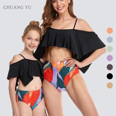 China 2022 Breathable New Design Family Swimwear Floral Print Falbala 2 Pieces Bikini Set For Mom And Daughter for sale