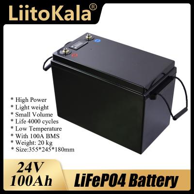 China Electric Car LiitoKala 24V 100Ah LiFePO4 Battery Power Batteries 3000 Cycles For RV Campers Golf Cart Off-Grid Solar Wind 100A BMS for sale