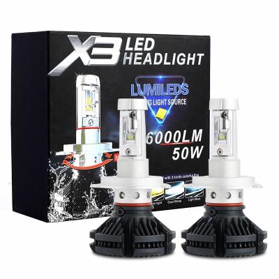 China High quality 3 colors X3 led headlight 9003 led car headlight h4 white yellow blue color led headlight F1 kits for sale