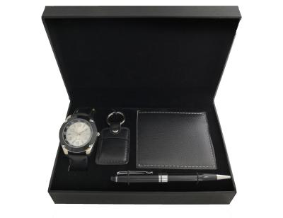 China Newest promotion good quality low price style chronograph men watch gift set with wallet and pen leather belt and sunglass in gift box for sale