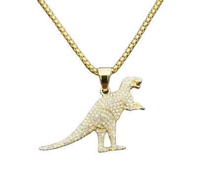 China Hiphop Never Fade 18k Plated Stainless Steel Pave Zircon Hiphop Dinosaur Pendant With Box Chain Necklace for sale