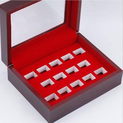 China Recycled Materials 14 Slots Can Put In 14pcs Rings Champion Ring Display 14 Holes Wooden Box for sale