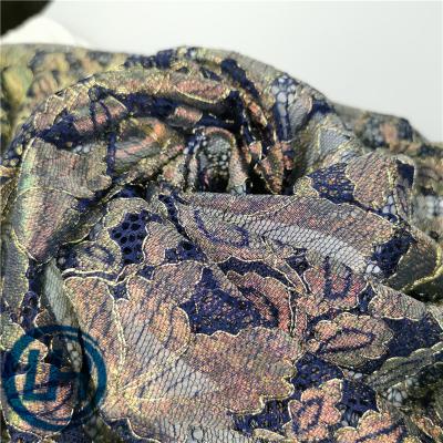 China Premium Quality Navy Floral Foiling Printing / Soft Lace Up Eyelace Lace Fabric For Evening Dress for sale