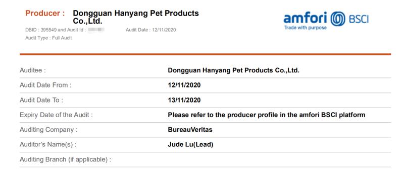 BSCI - Dongguan Hanyang Pet Products Co., Ltd.