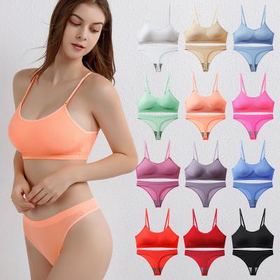 China French Women's Sexy Back QUICK DRY Lingerie Without Ring Small Chest Gather Thin Steel Bra Cushionless Comfortable Strap Vest Set for sale