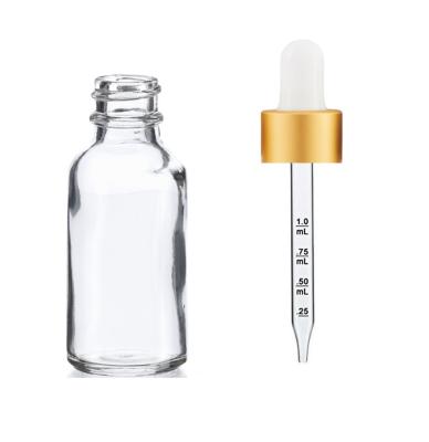 China Cosmetic 1 oz 2 oz 4 oz Clear Glass Bottle with White-Matt Gold Calibrated Glass Dropper and Black Regular Dropper for sale