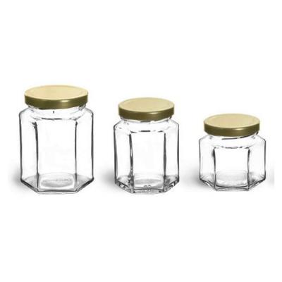 China Food 6 Ounce 180ml Hexagon Glass Jars Hex Empty Jars w/Gold Lids For Gifts Honey Sauce Candy Glass Container for sale