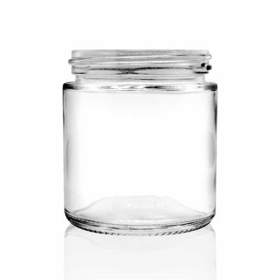 China Cosmetic 4oz 120ml Clear Glass Jars Clear Straight Sided Glass Jars With White Plastic Clot Faced Striped Caps for sale