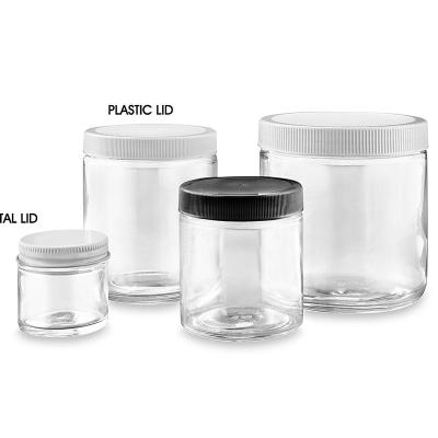 China Food 6oz 8oz 12oz 16oz Straight-sided Glass Jars Mouth Wide Crystal Clear Storage Glass Jar With Black Metal Lid for sale