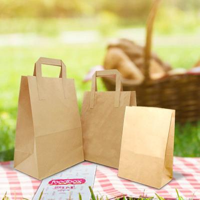 China Biodegradable Retail Bags Paper Take Out Carrier Bag Lunch Paper Bag Flat Handle Brown Kraft Paper Bag for sale