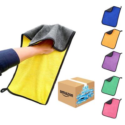 China Sustainable Amazon 600 800 1000 1200 Gsm Double Layer Plush Microfiber Towel Car Wash Luxury Absorbent Towel Car Cleaning Drying for sale