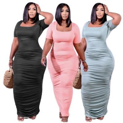 China 2021 New Arrivals Plus Size Women Clothing Casual Solid Pleated Maxi Dress Ladies for sale