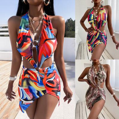 China Breathable Swimwear 2021 Women Printed V Neck Strapless One Piece Bikini Swimwear Sleeveless Women Dress for sale