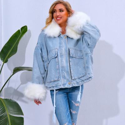 China Oversized parka lattice jacket women denim bat sleeve fall 2021 women clothing jeans windproof jacket fur with fur for sale