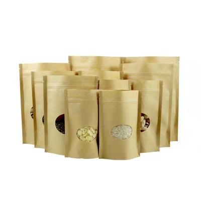 China Moisture Proof Stand Up Brown Kraft Paper Resealable Zipper Lock Food Packaging Pouches Heat Sealable Bags With Oval Window for sale