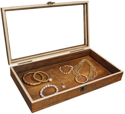 China Wooden Storage Display Jewelry Store Jewelery Glass Cover Collectable Jewelry Box With Metal Buckle for sale