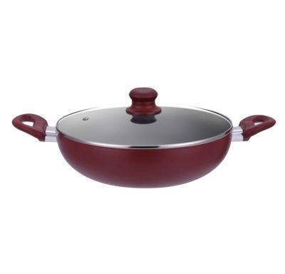 China Sustainable High Quality Aluminum Cookware Round Low Pot With Glass Lid Nonstick Coating With Bakelite Handle Te koop