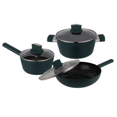 China Sustainable 6 Piece Cookware Set Kitchenware Aluminum Casserole Wok Set With Glass Lid Nonstick Ceramic Coating With Soft Bakelite Handle Te koop