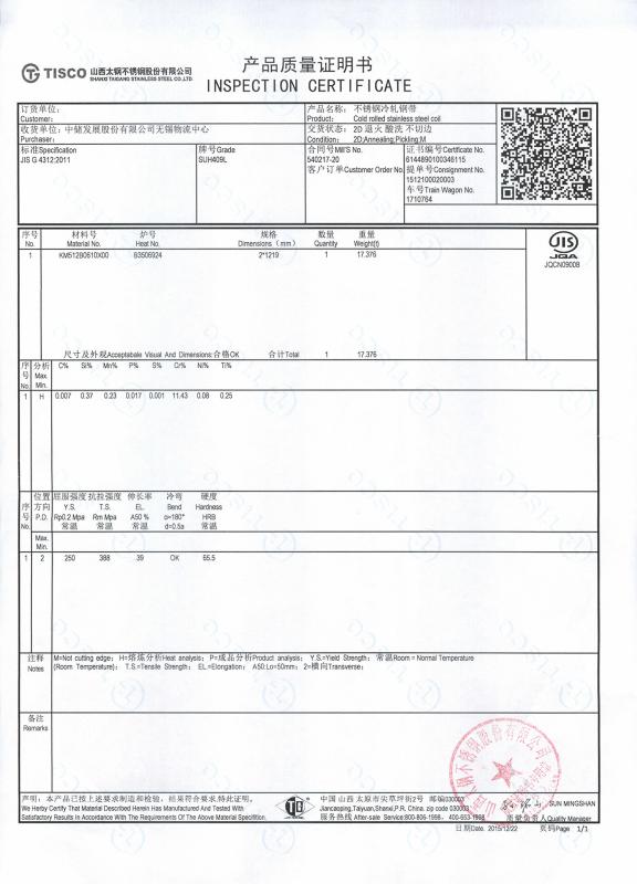 MILL CERT OF STEEL PLATE - SHIJIAZHUANG IDECO WIRE MESH TECH CO. LTD