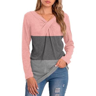 China Anti-Wrinkle Women's Tops Blouse Fashion Clothing Casual Loose Shirts Criss-Cross Neck Long Sleeve Custom T-Shirt for sale