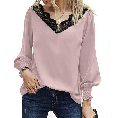 China Women's Anti-Wrinkle Tops and Blouse Lantern Sleeve Fashion Lace Collar Shirts Casual Loose V-Neck T-Shirt Long Sleeve for sale