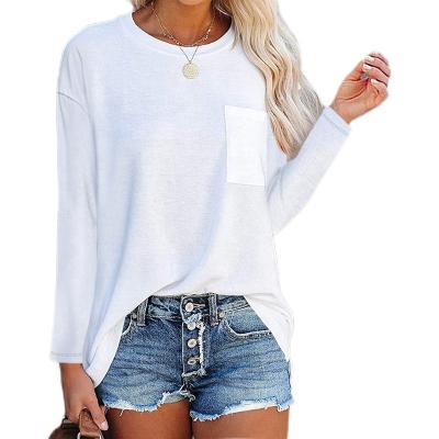 China Anti-Wrinkle Women's Long Sleeve T-Shirt Crew Neck With Pocket Loose Casual Fall Clothes Fashion Ladies Solid Tunic Tops for sale