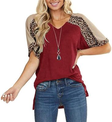 China Anti-Wrinkle Women's Summer Short Sleeve Tees V-Neck Blouses Leopard Print Casual Loose Tunic Tops Custom Made T-shirt for sale