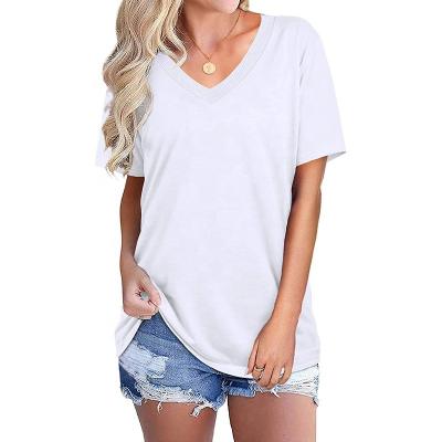 China Anti-Wrinkle Women Summer Tops V-Neck Stitch Loose Casual Ladies Shirts Plain Short Sleeve Custom T-Shirt for sale