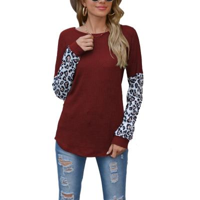 China Anti-Wrinkle Women's Sweater Leopard Patchwork Crewneck Batwing Sleeve Tunic Tops Loose Casual Long Sleeve Custom T-Shirt for sale