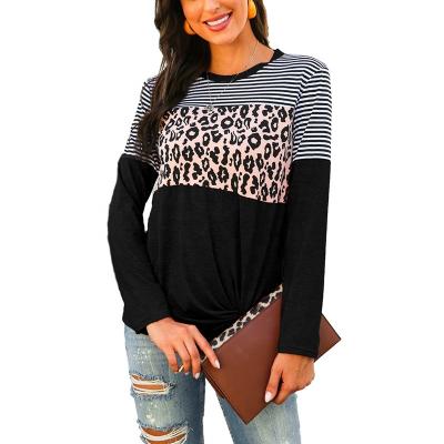 China Anti-wrinkle Women's Tunic Tops Stripes Leopard Patchwork Shirt Casual Loose Crew Neck Long Sleeve Custom T-Shirt for sale