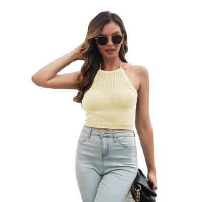 China 2022 New Anti-Wrinkle Wear Sexy Outside Inside Neck Sleeveless Backless Cutout Halter Knitted Women's Super Short Vest Sweater Sweater Streetwear for sale