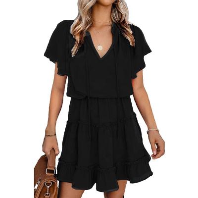 China 2022 Summer Anti-wrinkle Women's V-Neck Shorts Dress Soft and Cute Loose Sweater Ruffles Draped Casual Dress for sale