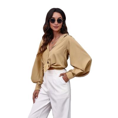 China 2022 Autumn New Fashion Long Sleeve Lantern Lapel Blouse Ladies Tops Chiffon Shirt Women's Solid Color Chiffon Shirt Long for sale