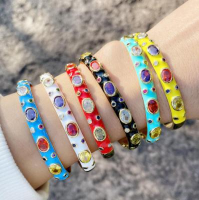 China Trendy Trendy Jewelry 18K Gold Plated Multi Colored Oval Enamel CZ Micro Pave Cuff Bracelet For Women Ladies for sale