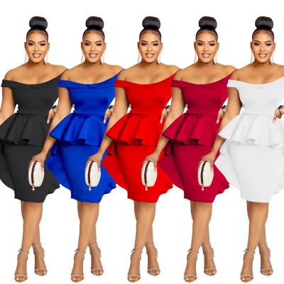 China Factory Wholesale Anti-wrinkle ZIYA A03S17 Solid Ruffles Cover Belly Skirt Hidden Side Zipper Off Shoulder Midi Dress for sale