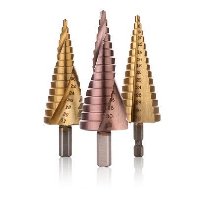 China Metallurgical HSS Step Drill Bit Metal Drill Taper Bits M35 4-12, 4-20, 4-32 3pcs Set Spiral Spline Round Shank for sale