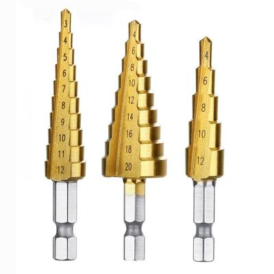 China Hss Metallurgical Titanium Coated Step Drill Bits 3pc Step Drill Bit Sets For Stainless Steel for sale