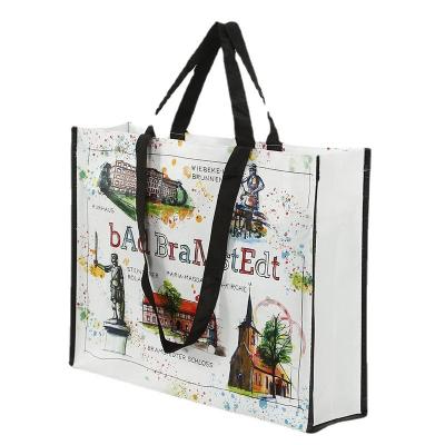 China Custom Recycled Laminated Reusable Handled Durable RPET Supermarket Shopper Bag for sale