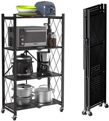 China Stocked 2/3/4 Foldable Standing Storage Units Tire Rack Metal Folding Shelf Heavy Duty Shelf With Wheels for sale