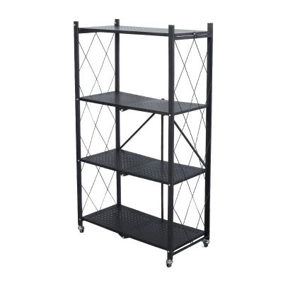 China 4-Shelf Metal Storage Stored Collapsible Shelves For Garage Kitchen Bakers Cabinet Folding Organizer Rack With Wheels for sale