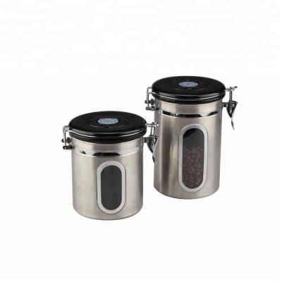 China Sustainable Airfresh Valve Stainless Steel Metal Canister With Window For Cooler Coffee Grounds Or Beans for sale