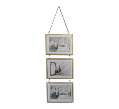 China Single 5x7 Metal Gold Wall Hanging Picture Photo Frame Collage Triple 3 Open View Rustic Wood Picture Frames on Hemp Rope for sale