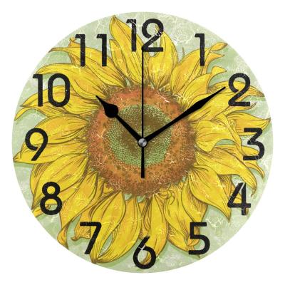 China Antique Style Vintage Sunflower Drawing Print Round Wall Clock Fashionable Non Ticking Decorative Wall Clock for sale