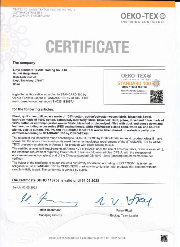 Oeko-Tex standard 100 - Linyi Standard Textile Trading Co., Ltd.