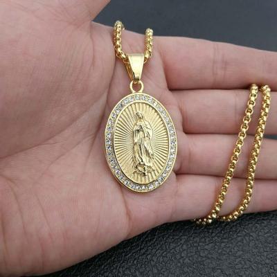 China Europe Religious Gold Virgin Mary Necklace, Pave Crystal Stainless Steel Virgin Mary Necklace for sale