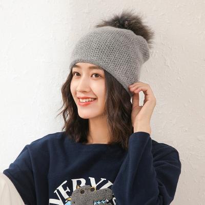 China Winter COMMON direct wholesale warmer factory cute honeycomb knitted fur beanie cashmere with pom pom for sale